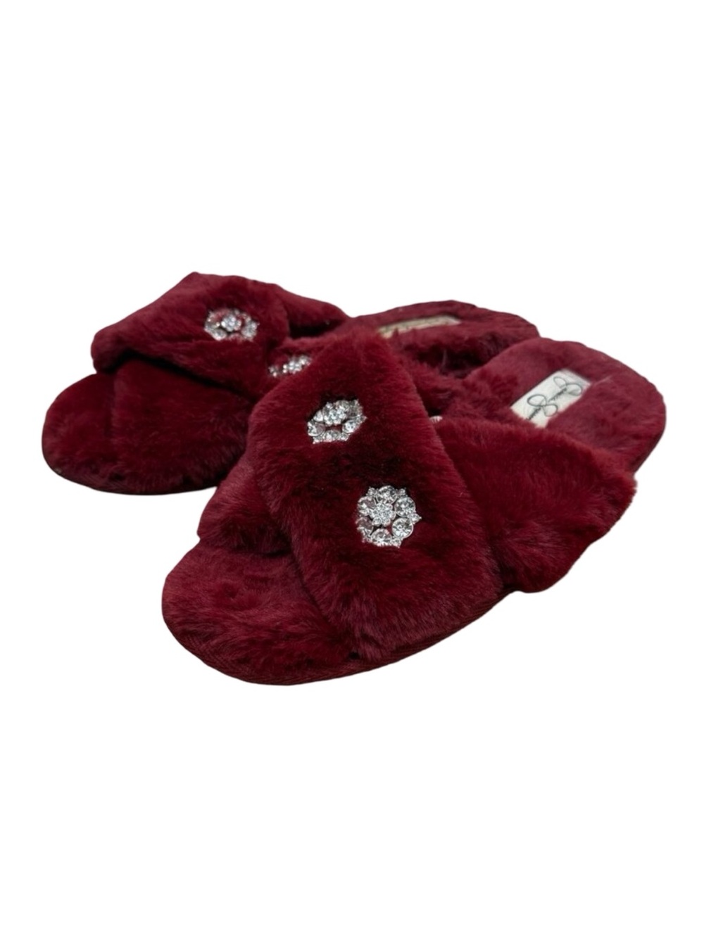 Women’s Jessica Simpson Burgundy Faux Fur Slippers Rhinestone Size 7–8